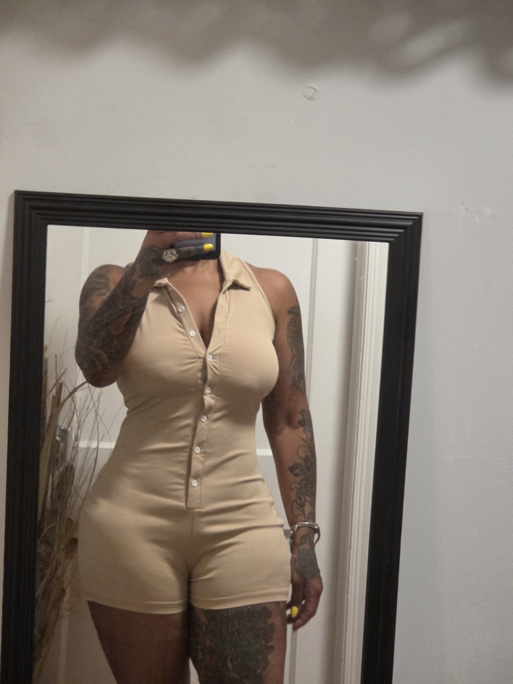 Sleeveless Beige Button-Front Bodysuit Romper